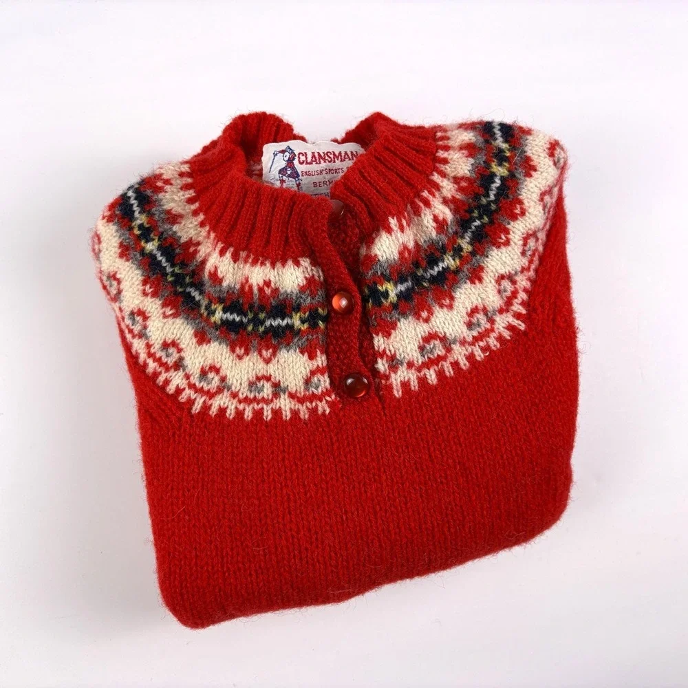 VTG Clansman 100% Shetland Wool Childrens Sweater‎ 10/30 Red Navy Blue Fair Isle